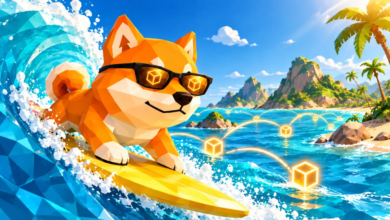Doge Names artwork: a voxel Shiba surfing toward .doge